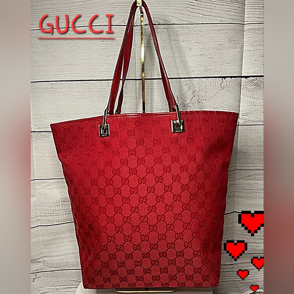 Gucci Red Denim Canvas Tote With Leather Handles & EUC Large